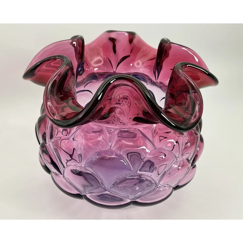 Fenton Mulberry Jacqueline Art Glass Vase Ruffled Rose Bowl Fish Scale Pattern